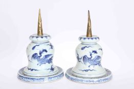 A PAIR OF GILT-METAL MOUNTED CHINESE PORCELAIN ALTAR CANDLESTICKS, PROBABLY KANGXI,