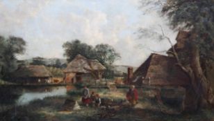 JOHN JAMES WILSON (1818-1875), CHILDREN FEEDING CHICKENS BY THATCHED COTTAGES, signed,