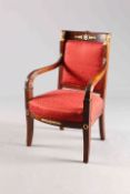 A 19TH CENTURY GILT-BRASS MOUNTED MAHOGANY FAUTEUIL, in Empire taste,