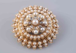 A SEED PEARL AND DIAMOND ROUNDEL BROOCH, circa 1880-1890,