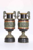 A PAIR OF BRONZE-MOUNTED SLATE GARNITURE VASES, 19TH CENTURY, of two-handled pedestal form,