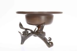 AN UNUSUAL BRONZE CENSER, the circular bowl with broad rim,