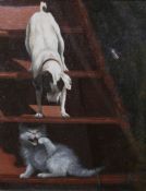 ENGLISH SCHOOL, TWO DOGS IN AN INTERIOR AND A CAT AND DOG ON A STAIRCASE, A PAIR,