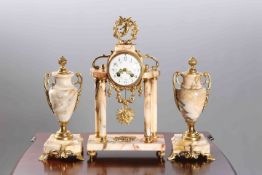 A LATE 19TH CENTURY FRENCH GILT-BRASS AND MARBLE CLOCK GARNITURE,