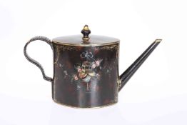 A REGENCY TOLEWARE TEAPOT, CIRCA 1820, of oval section, painted to each side with a musical trophy.