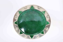 A GREEN-GLAZED POTTERY AND WHITE-METAL MOUNTED DISH IN SECESSIONIST STYLE,