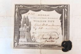 WILLIAM PITT'S FUNERAL A TICKET ISSUED TO WILLIAM MANNING MP FOR THE FUNERAL PROCESSION, no.