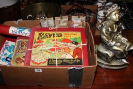 Box with vintage toys, Buccaneer, Bayko Building Sets and Waddingtons jigsaws,
