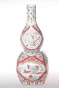 Large Chinese porcelain double gourd vase decorated in iron red and green with cranes and foliage