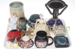 Tray lot with Ruskin vase, Gouda pottery, Royal Doulton and Coalport figures,