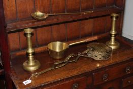 19th Century brass chestnut roaster, jam pan,