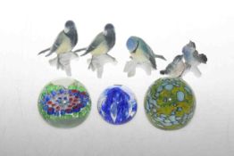 Three glass paperweights and four Karl Ens bird models (7)
