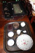 Two Victorian tin trays, Chinese silver Cardscape picture, Chinese plate and tea bowls,