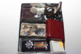 Box with silver jewellery, medals, coins, watches,