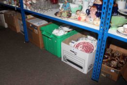 Eight boxes of tea and dinnerware, collectors plates, glassware, tins,