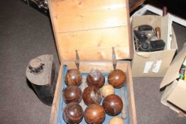 Carpet bowls, lantern, telephone, tools, bronze candlestick, metalware,