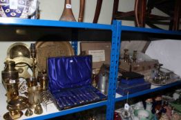 Collection of metalware, brassware, cutlery, light globes, postcards, cigarette cards,