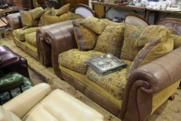 Pair Barker and Stonehouse leather and fabric upholstered settees