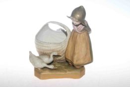 Royal Dux Dutch girl with basket and ducks, pink triangle mark,