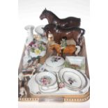 Beswick pony and rider and two horses, Wedgwood and other pin trays, vases,