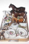 Beswick pony and rider and two horses, Wedgwood and other pin trays, vases,