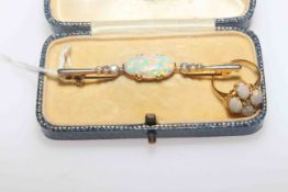 Handsome oval opal and diamond set two colour bar brooch, boxed,