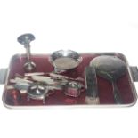 Tray lot with silver including two mustard pot, bon bon, brush and mirror, flatware,