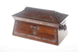 19th Century mother of pearl inlaid rosewood tea caddy with turned wood handles and well fitted