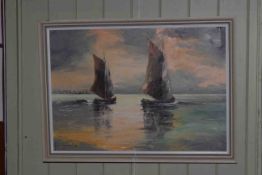 Framed oil of two yachts at sail, indistinctly signed lower left,