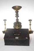 Antique steel strong box and brass candlesticks