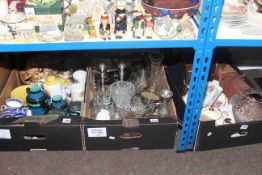 Three boxes of glass, china, metalware, cameras,