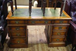 Stanley Cumper good quality oak pedestal desk having three frieze drawers above two banks of three