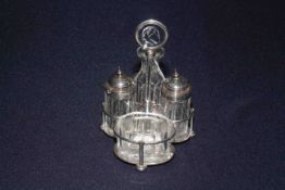 Victorian silver cruet stand with pepperette and mustard, salt and bottle,