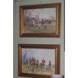 D M & E M Alderson, pair hunting scene watercolours and two horses ploughing a field,