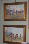 D M & E M Alderson, pair hunting scene watercolours and two horses ploughing a field,