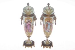 Pair French gilt metal mounted lustre urn vases painted with maidens