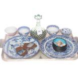Two Chinese blue and white plates, four tea bowls, green overlay vase,