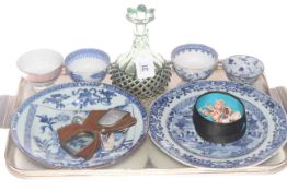Two Chinese blue and white plates, four tea bowls, green overlay vase,