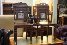 Pair Victorian mahogany hall chairs with inset tiles by John Moyr Smith
