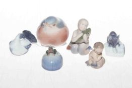Collection of six tiny Royal Copenhagen figures, frog, fawn, robin etc.