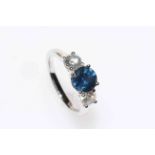 18 carat gold and round sapphire and diamond three stone ring, sapphire approximately 1.