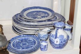 Collection of blue and white willow pattern plates and others, vase, jugs,