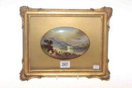 Gilt framed Paragon china oval plaque painted with Kilchurn Castle, Loch Awe, after Copley Field,