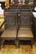Set of six Victorian oak carved panel back dining chairs