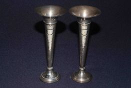 Pair silver trumpet spill vases with hammered bodies, 22cm,