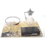 Ornate A1 plate mounted claret jug, salad bowl and servers, grape scissors, crumb scoop,