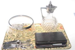 Ornate A1 plate mounted claret jug, salad bowl and servers, grape scissors, crumb scoop,