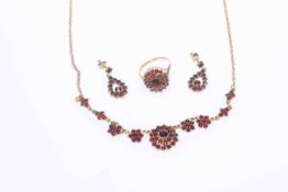 Garnet set necklace, stamped 830, with matching earrings and a garnet ring,