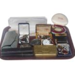 Tray lot with silver pocket watch, Princess Mary box, jewellery, old spectacles, snuff boxes,