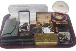 Tray lot with silver pocket watch, Princess Mary box, jewellery, old spectacles, snuff boxes,